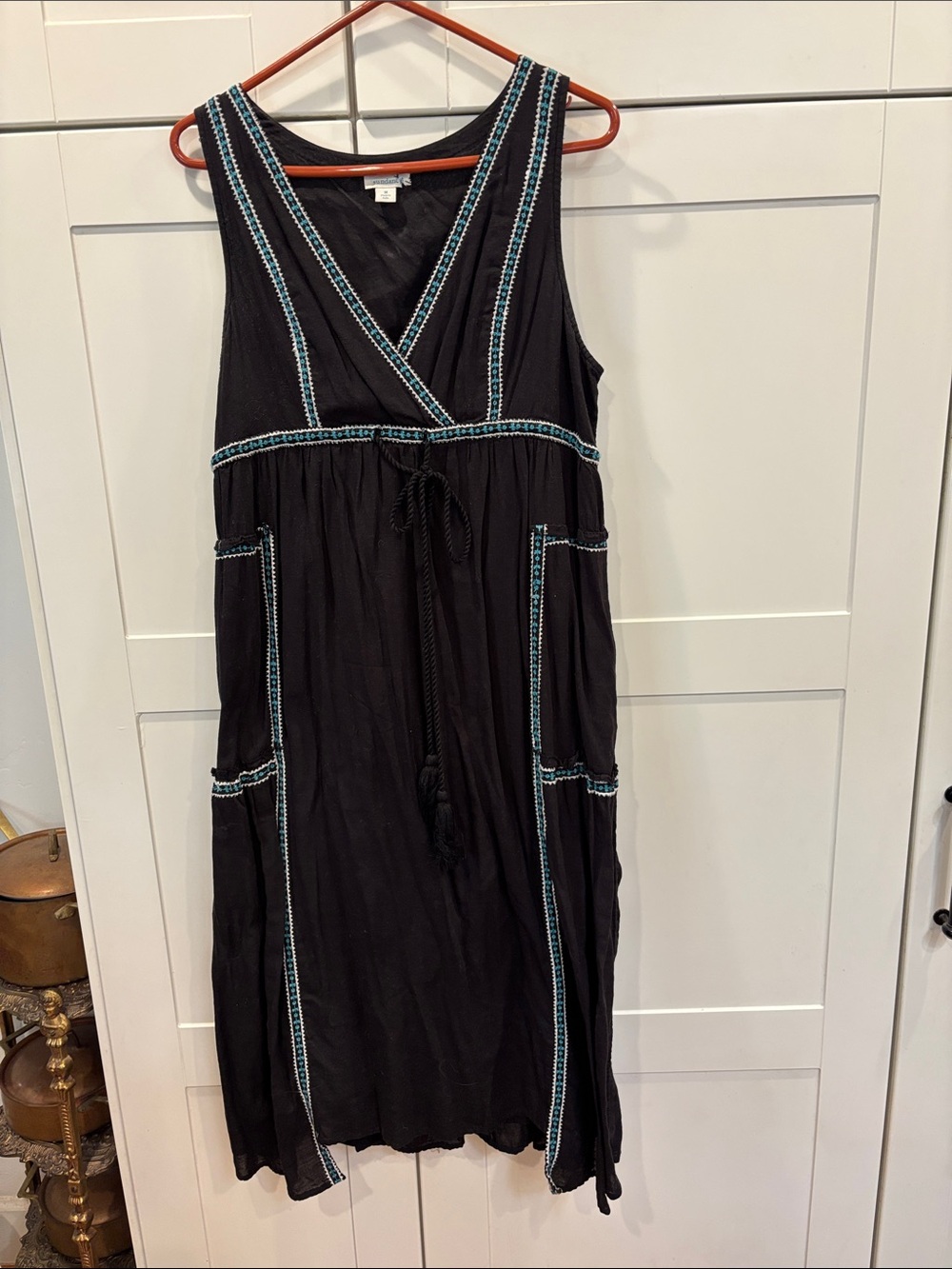 Sundance Black Sleeveless V-Neck Dress with Turquoise Trim